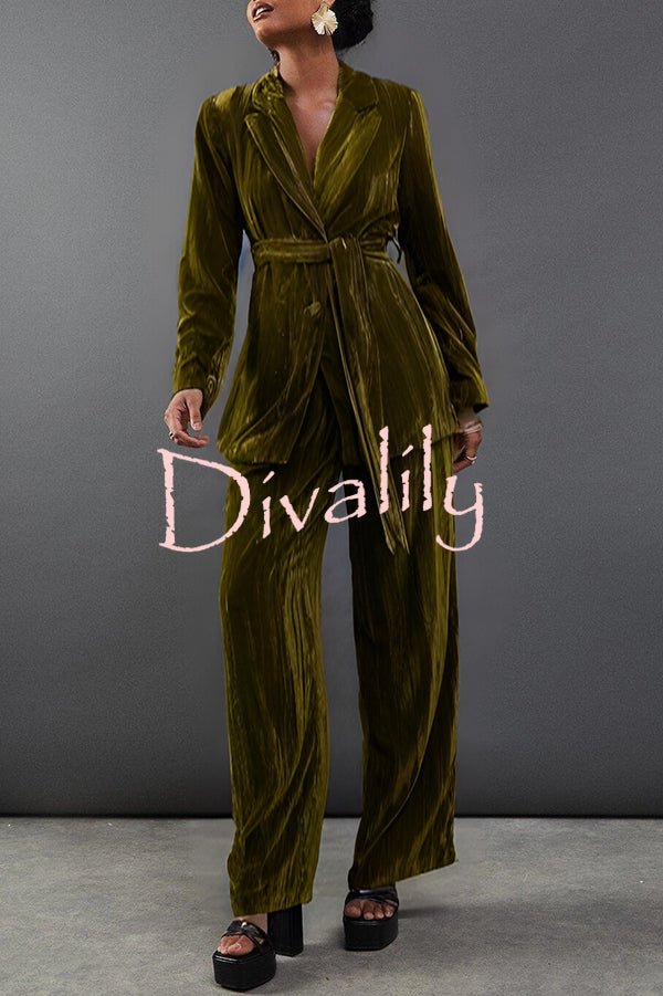 Solid Color Velvet Long-sleeved Waist Tie Top and Elastic Waist Casual Pocket Straight-leg Pants Set