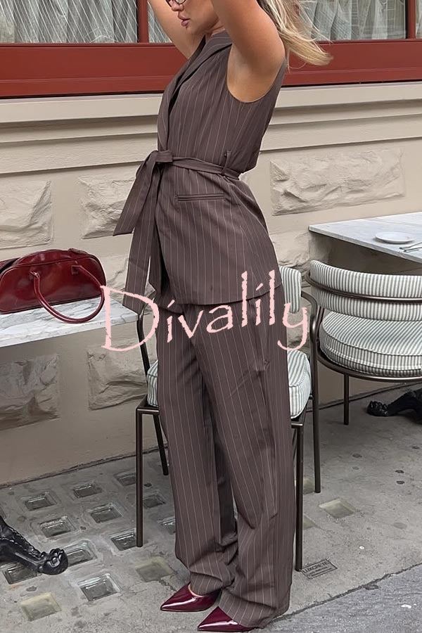 Goal Digger Striped Button Belted Lapel Vest and Pocketed Wide-leg Pants Set