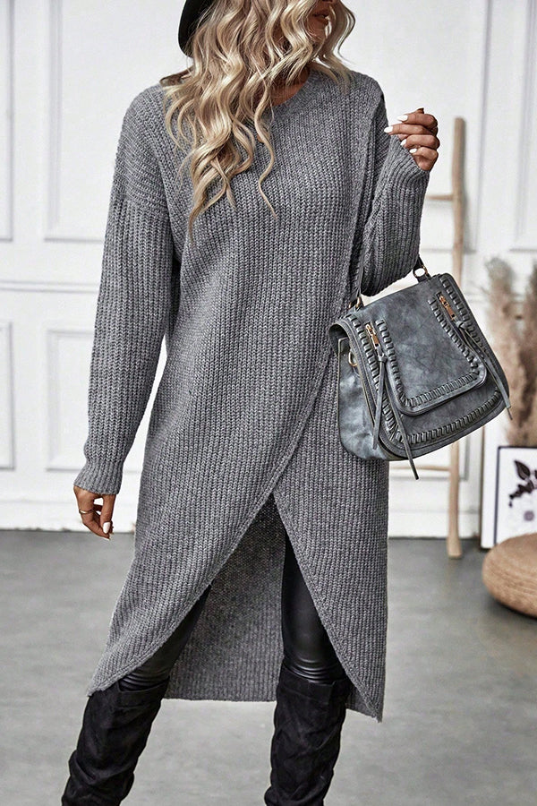 Solid Color Round Neck Long Sleeve Loose Slit Knitted Sweater