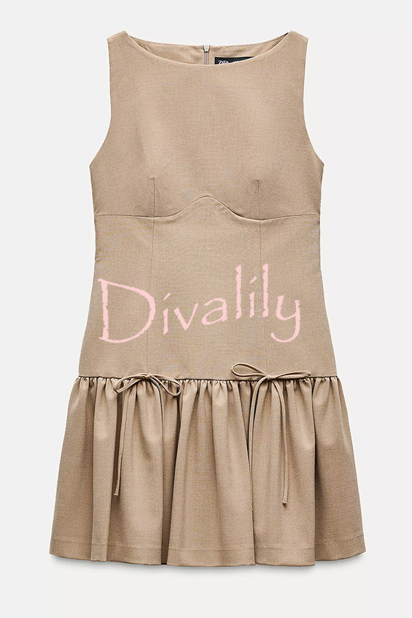 Solid Velvet Bow Embellished Sleeveless Mini Dress