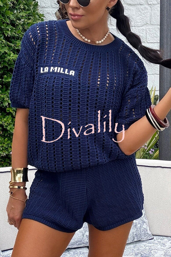 Fashionable Hollow Knit Short-sleeved Top and Elastic High-waist Casual Shorts Set