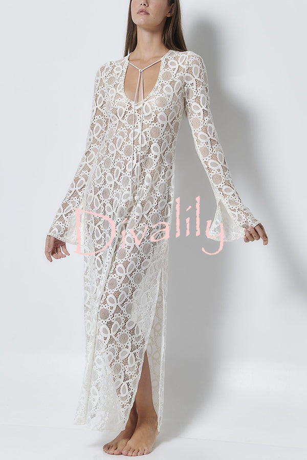 Santorini Sunset Floral Lace Long Sleeve Slit Vacation Maxi Dress