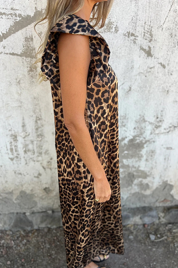 Leopard Print V-neck Backless Lace-up Loose Pocket Wide-leg Jumpsuit