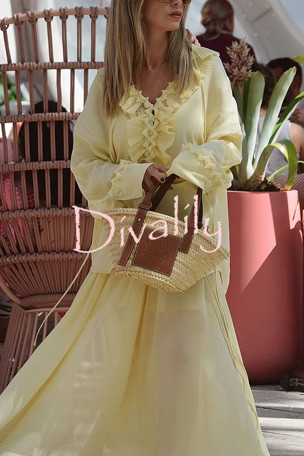 Solid Color Pleated Ruffled Tie Long Sleeve Loose Shirt