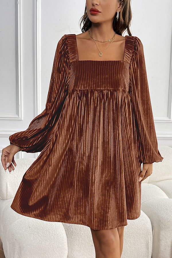 Solid Color Velvet Square Neck Long Sleeve Pocket Casual Mini Dress