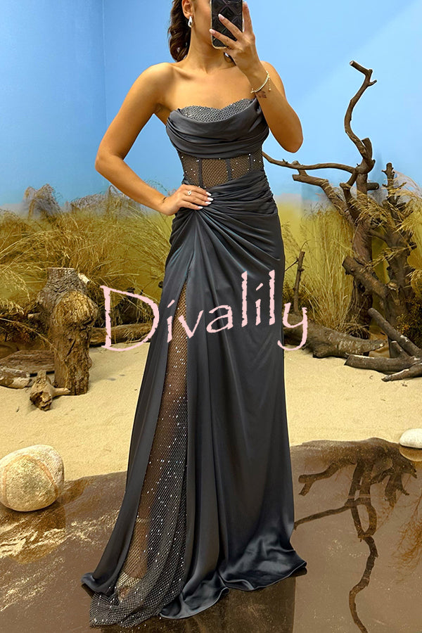 Essie Satin Rhinestone Patchwork Twist Waist Strapless Slit Maxi Dress