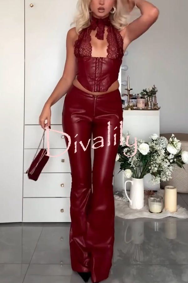 Style Challenge Stretch Faux Leather Lace Halter Tank and Zipper Waist Flare Pants Set