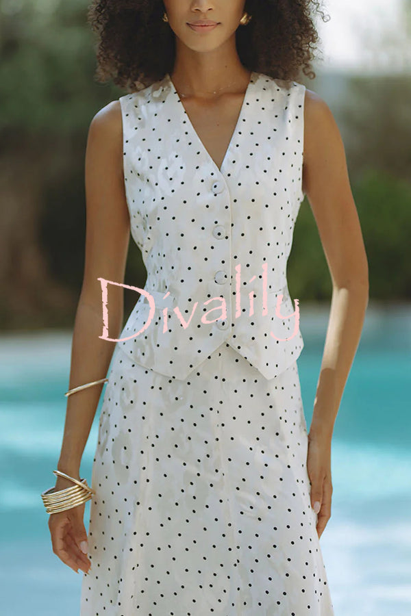 Jasmina Polka Dot Polka Jacquard Print Button Back Tie-up Loose Vest