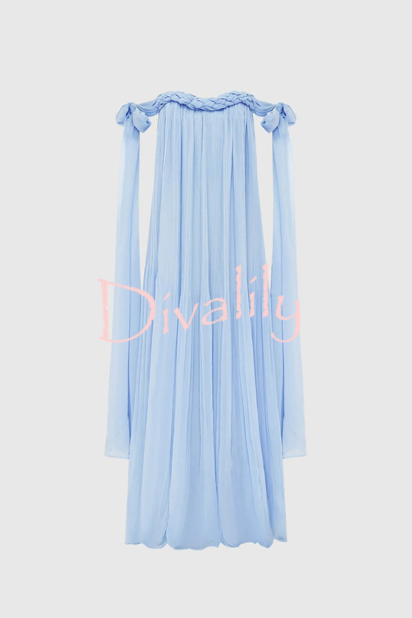 Fairy Spirit Tulle Braided Neckline Tie Arm Straps Pleated Maxi Dress