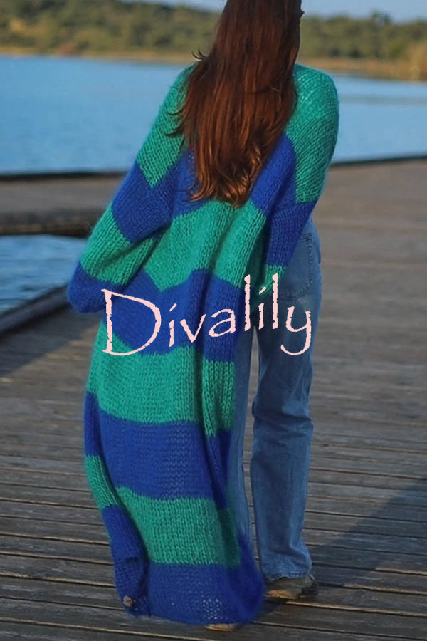Fashionable Contrast Stripes Lazy Style Loose Long Knitted Cardigan