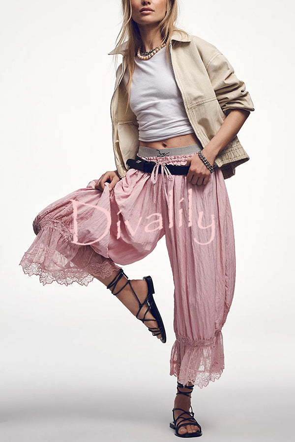 Pastoral Style Elastic Waist Lace Hem Bloomer Pants