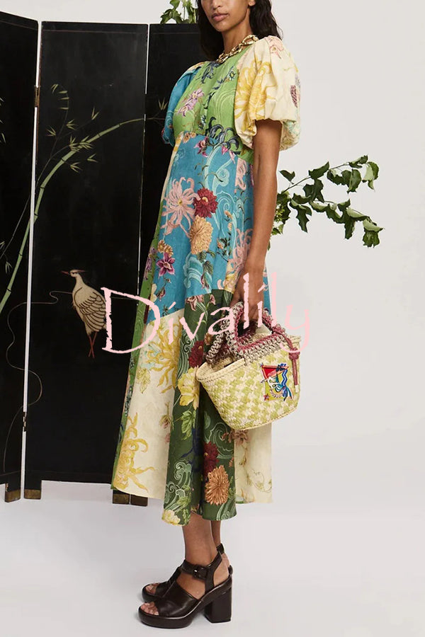 Floral Print Round Neck Puff Sleeve Casual Midi Dress