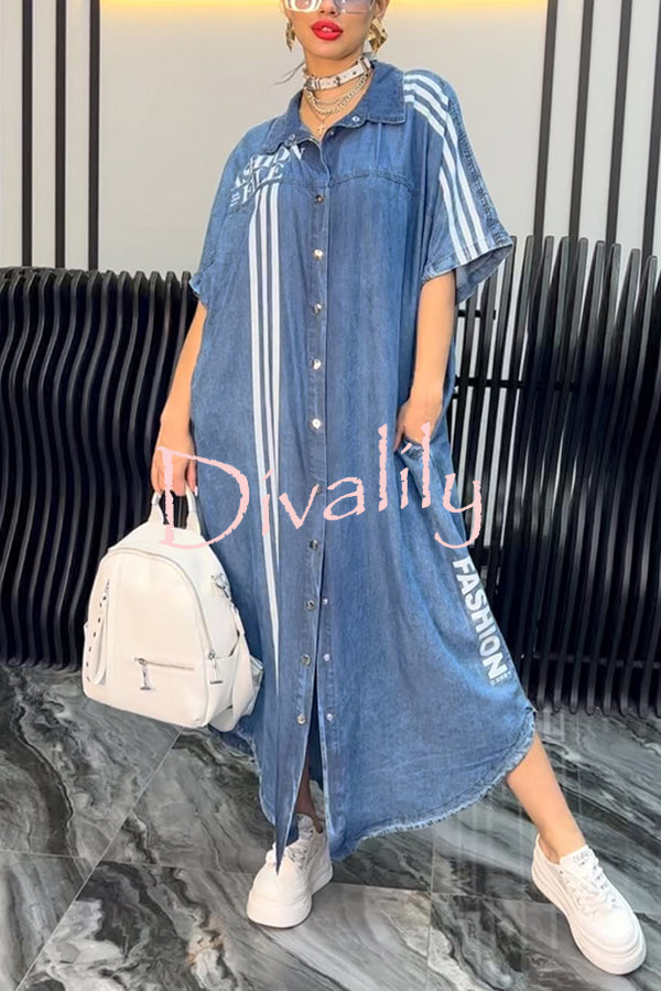 Fashion Letter Print Lapel Cardigan Loose Maxi Dress