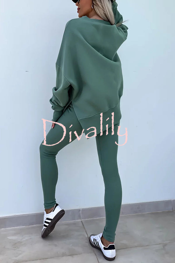 Solid Color Loose Long Sleeve SlitSweatshirt and Elastic Waist Tight Pants Set