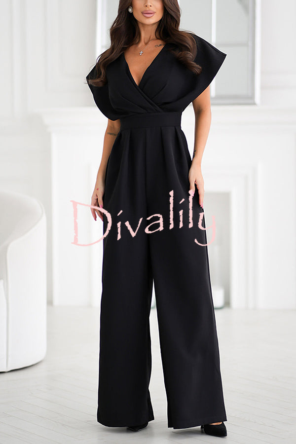 Solid Color V-neck Waist Casual Wide-leg Jumpsuit