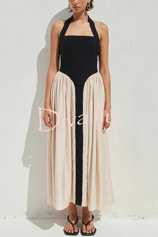 Fashion Contrast Color Stitching Sleeveless Backless Slim Maxi Dress