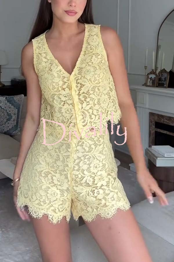 Cute in Butter Floral Lace Button Up Vest and Mid Rise Shorts Set
