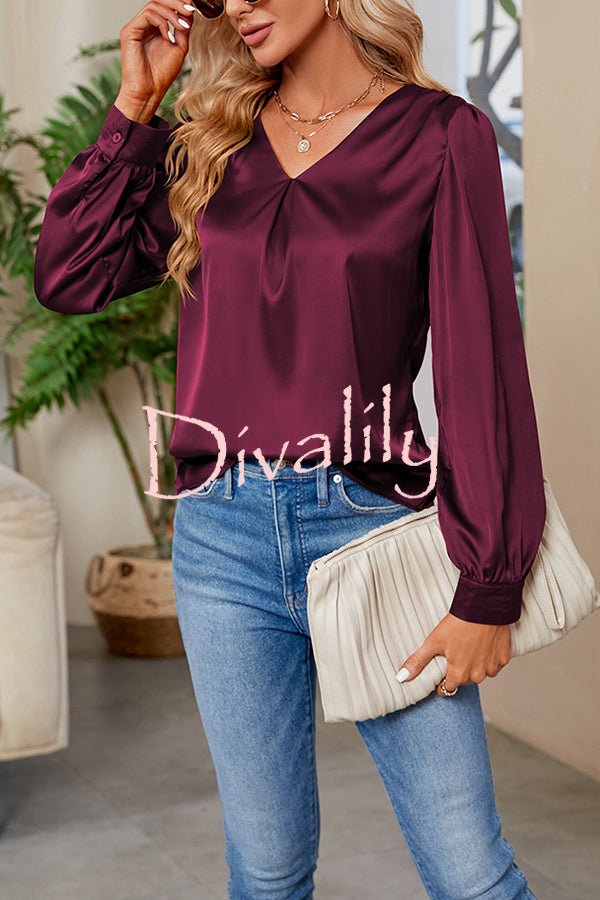 Satin Pleated V-neck Long-sleeved Loose Shirt