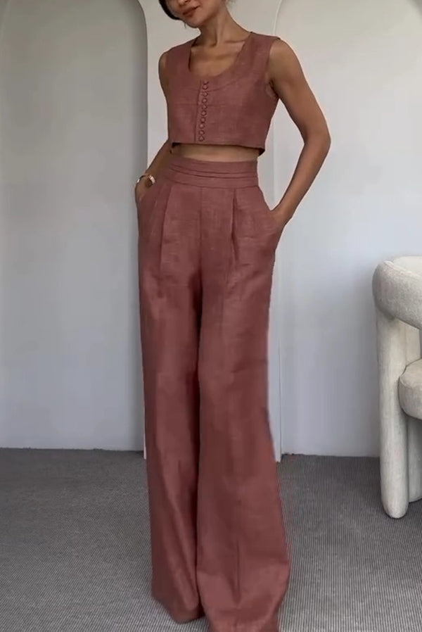 Maylin Solid Color Sleeveless Button-Down Top and Relaxed Pocket Straight Pants Set