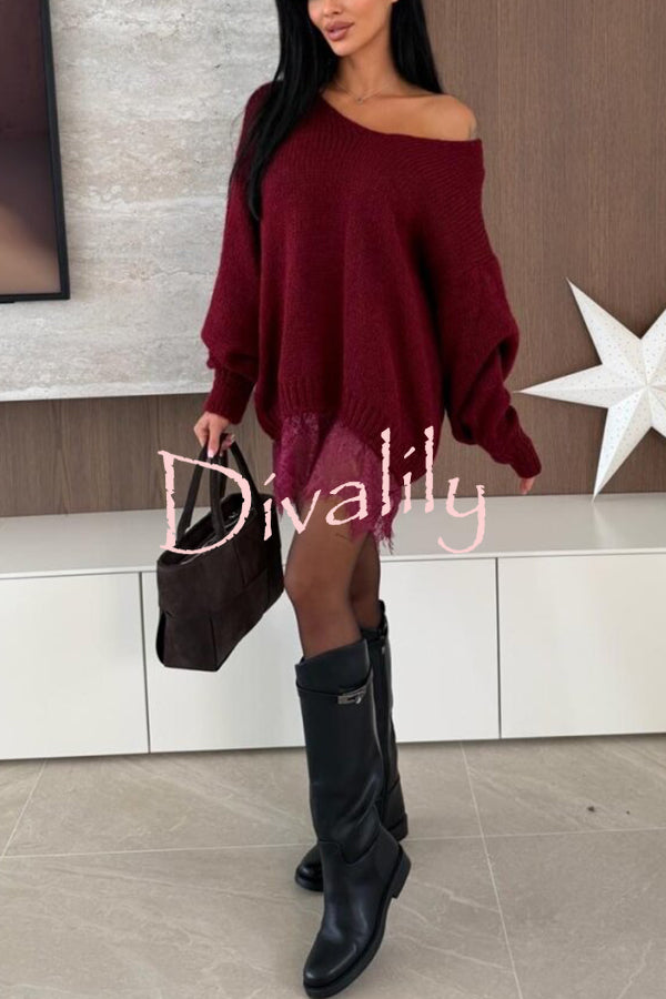 Comfy and Sweet Knit Lace Patchwork Hem Wide Neck Long Sleeve Loose Sweater