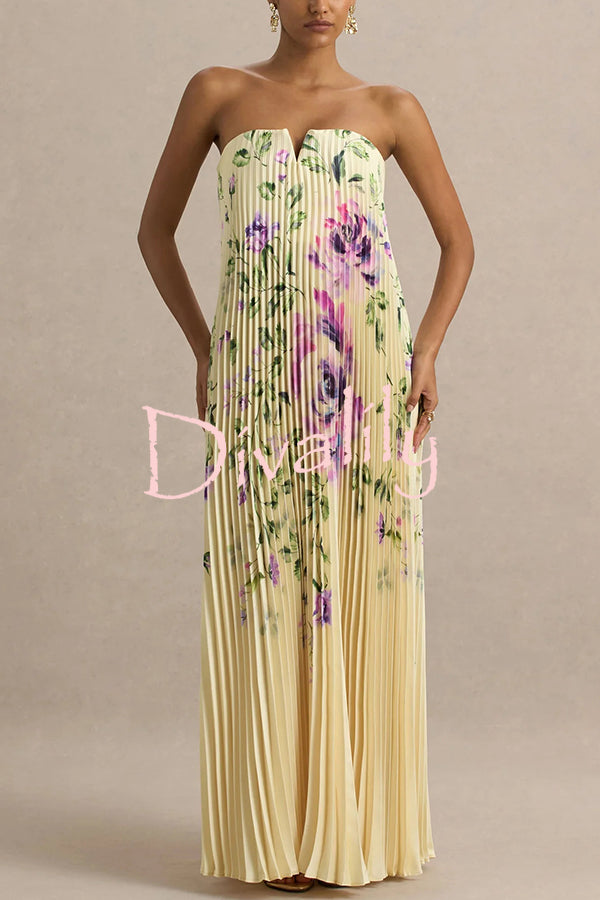 For Every Occasion Satin Pleated Floral Print V-wire Bandeau Neck Maxi Dress