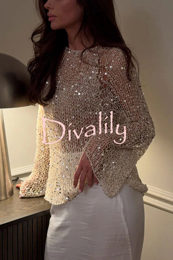 Fashion Sequined Hollow Long Sleeve Loose Knit Top