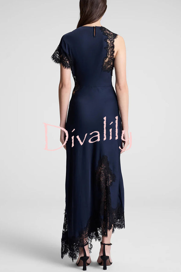 Paris Dream Satin Lace Trim Irregular Design Drape Maxi Dress