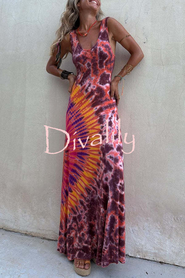 Boho Happiness Tie-dye Print Back Lace-up Stretch Maxi Dress