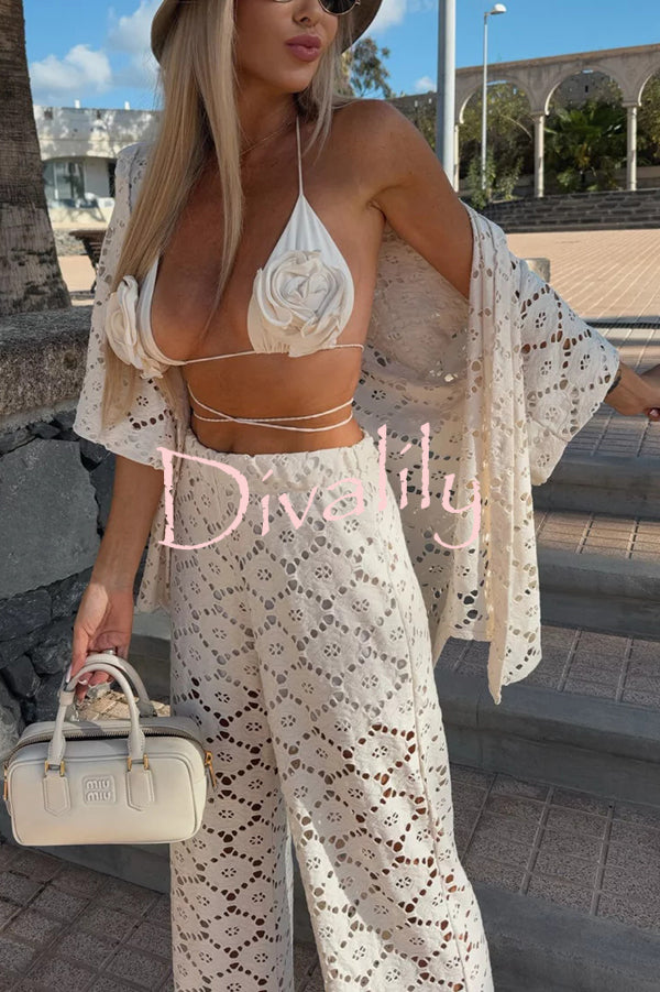 Holiday Crochet Flowers Lace Short Sleeve Shirt and Elastic Waist Wide Leg Pants Set