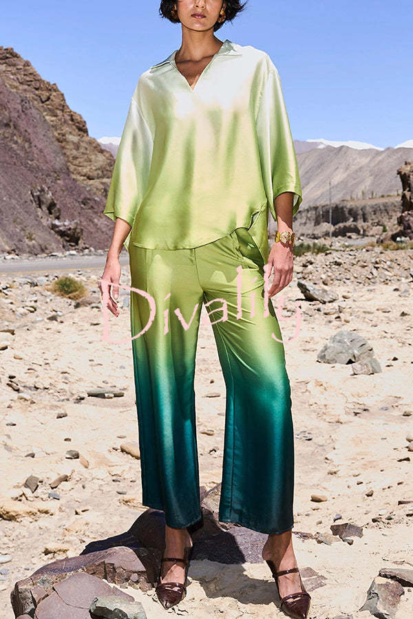 Alenah Satin Gradient Print V-Neck Loose Shirt and Casual Pocket Wide Leg Pants Set