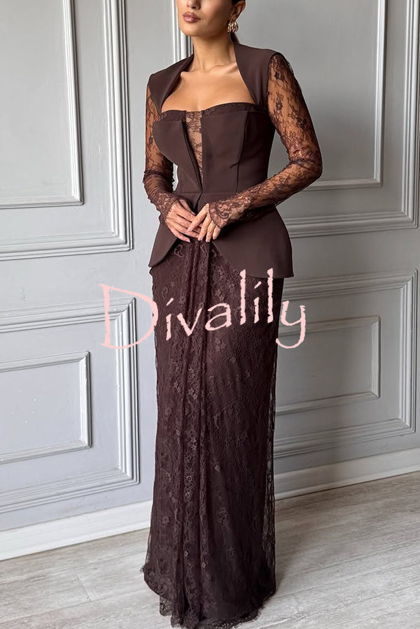 Belle Contrast Sheer Lace Fabric Patchwork Square Neck Long Sleeve Drape Maxi Dress