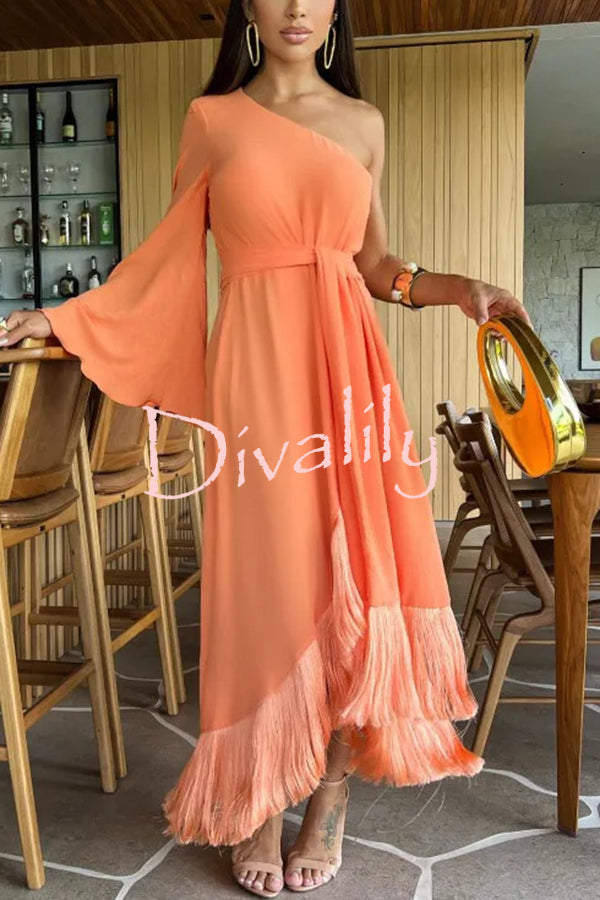Solid Color One-sleeve Waisted Lace-up Fringed Hem Elegant Maxi Dress