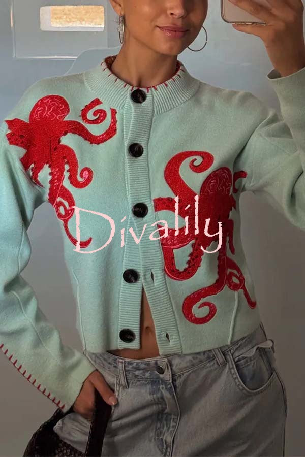 Coastal Fashion Knit Octopus Graphic Contrast Piping Button Up Loose Cardigan
