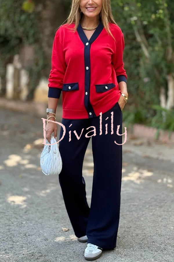 Stylish Color-blocked V-neck Knitted Button-down Cardigan and Elastic Waist Casual Wide-leg Pants Set