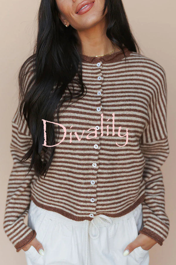 Fashionable Contrast Striped Casual Long-sleeved Knitted Cardigan