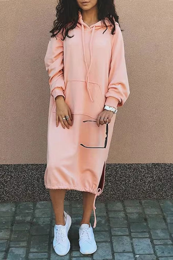 Solid Color Casual Hooded Lace-up Pocket Sweatshirt Style Midi Dress