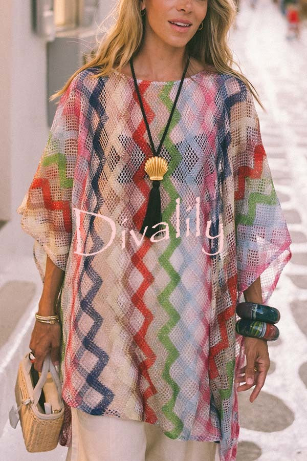 Sun Washed Knit Colorful Zigzag Pattern Asymmetric Hem Loose Cover-ups Kaftan