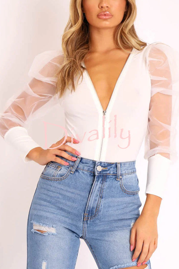 Solid Color Zip Front Sheer Puff Sleeves Bodysuit