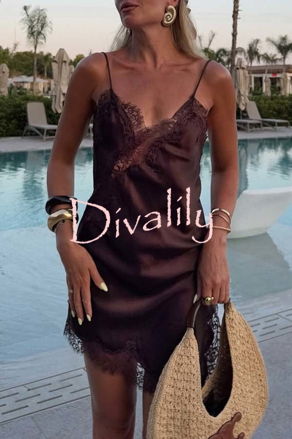 Elouise Satin Lace Trim V-neck Asymmetrical Hem Slip Mini Dress