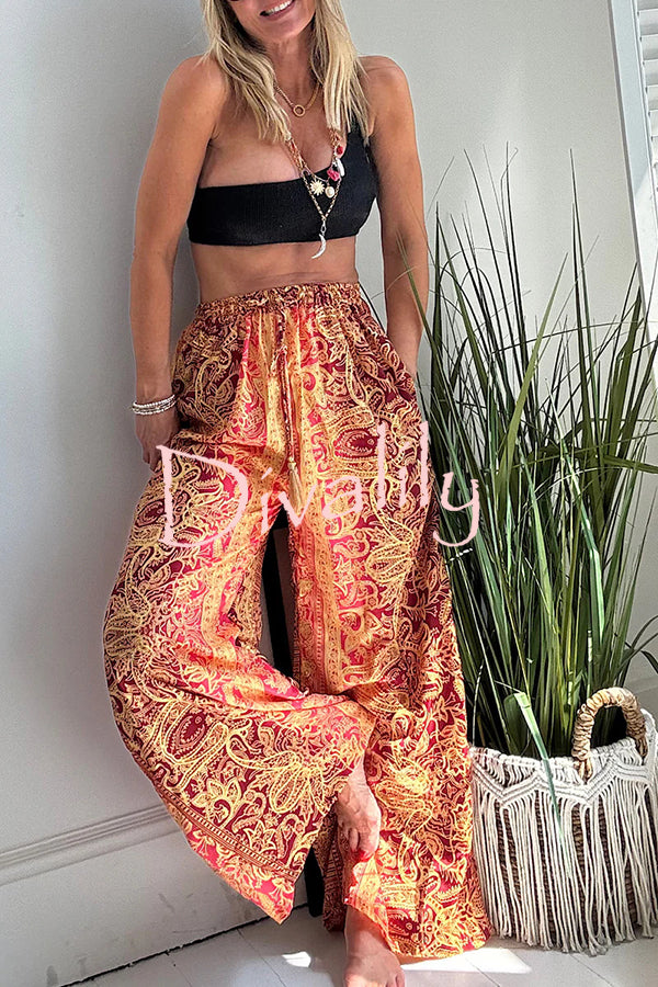 Vintage Boho Ethnic Print High Rise Elastic Drawstring Waist Pocketed Loose Pants