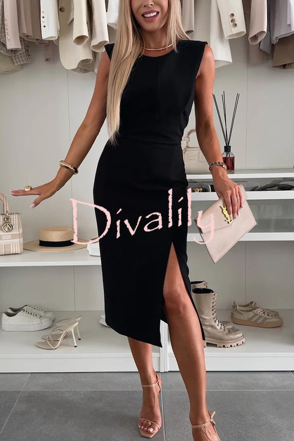 Charming Lady Solid Color Round Neck Sleeveless Waisted Slit Stretch Midi Dress