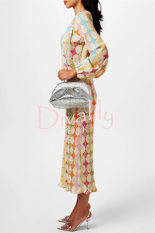 Gorgeous Sunshine Colorful Unique Print Kimono Puff Sleeve Midi Dress