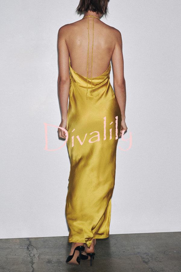 Fashionable Beaded Large Flower Decoration Halter Neck Backless Maxi Dress