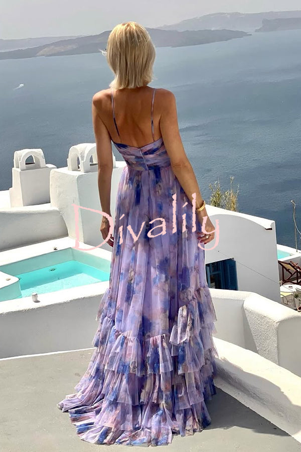 Dreamy Clouds Tulle Printed Rose Detail Cutout Ruffles Tiered Halter Maxi Dress