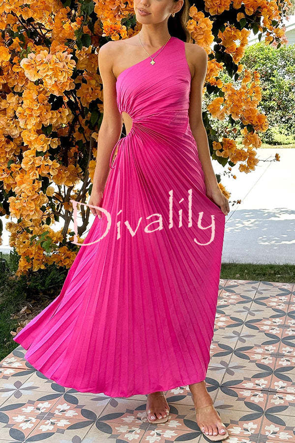 Charming One Shoulder Lace Up Cutout Pleated Maxi Dress