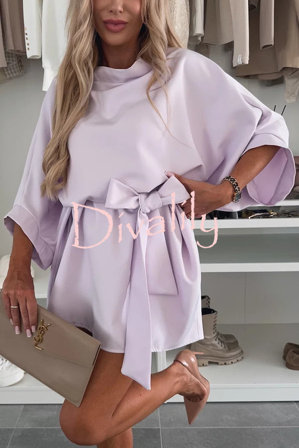 Solid Color Loose Round Neck Belted Mini Dress