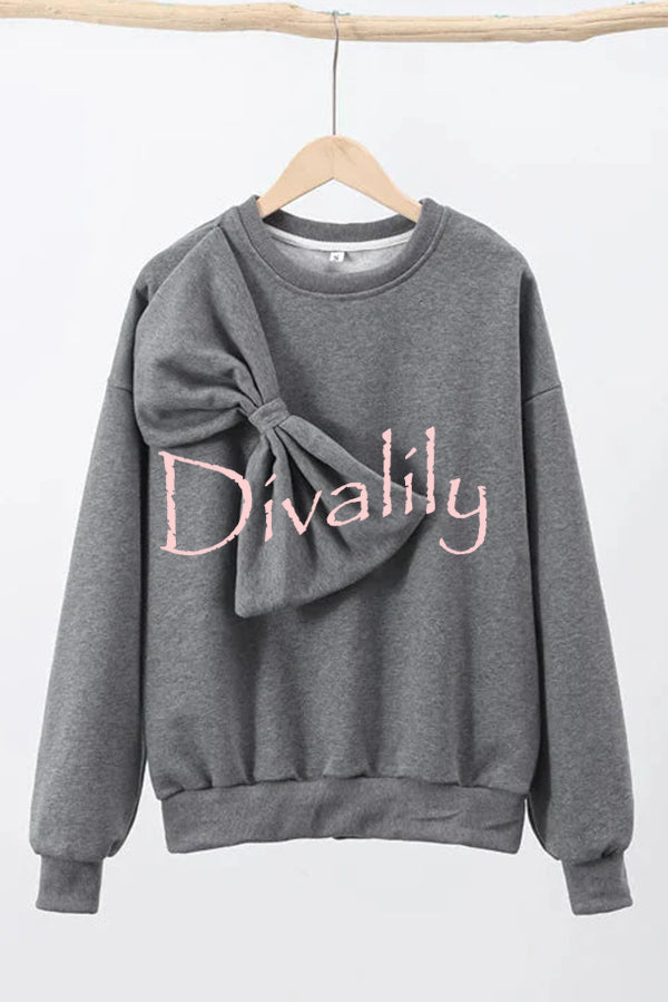 Solid Color Round Neck Long Sleeve Bow Loose Sweatshirts