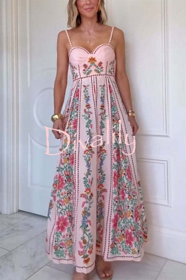 Linen Blend Delicate Forest Unique Print Sweetheart Neck Beaded Straps Maxi Dress