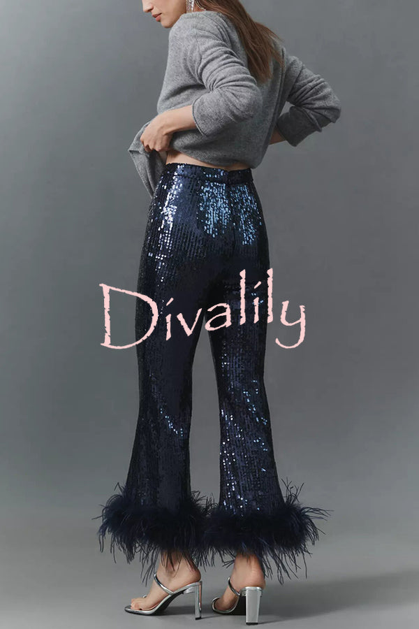 New Year Eve Sequin Feather Trim High Rise Back Zipper Flare Pants