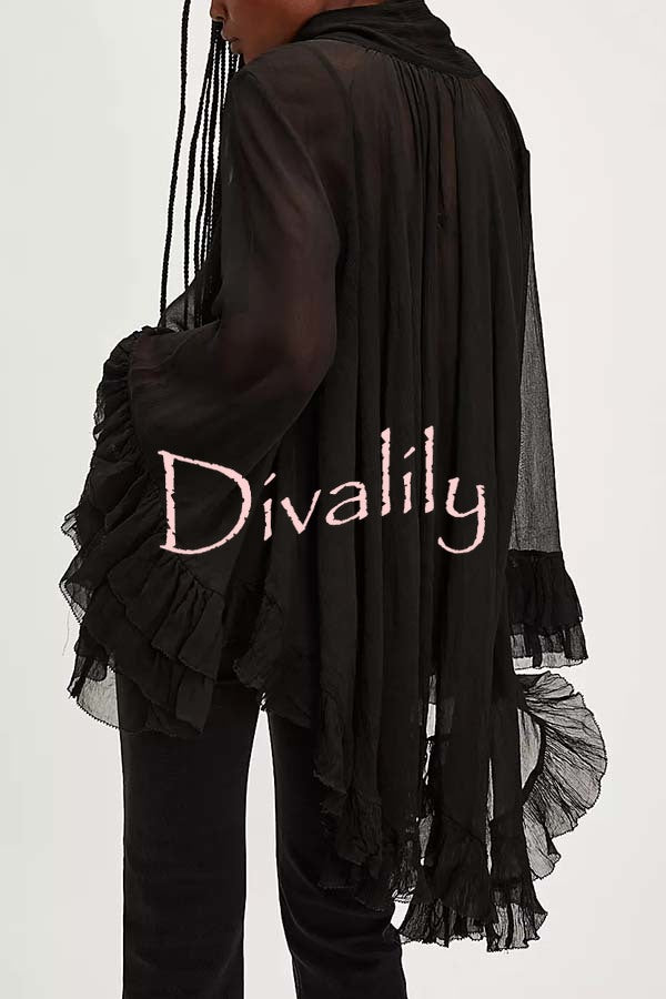Flowy See-through Ruffle Tie-up Neck Bell Sleeve High-low Hem Cape Shirt
